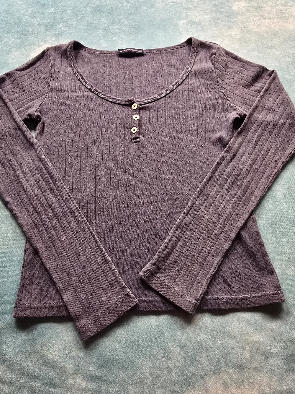 Brandy Melville Gray Blue Ribbed Pointelle Henley Long Sleeve Top Small